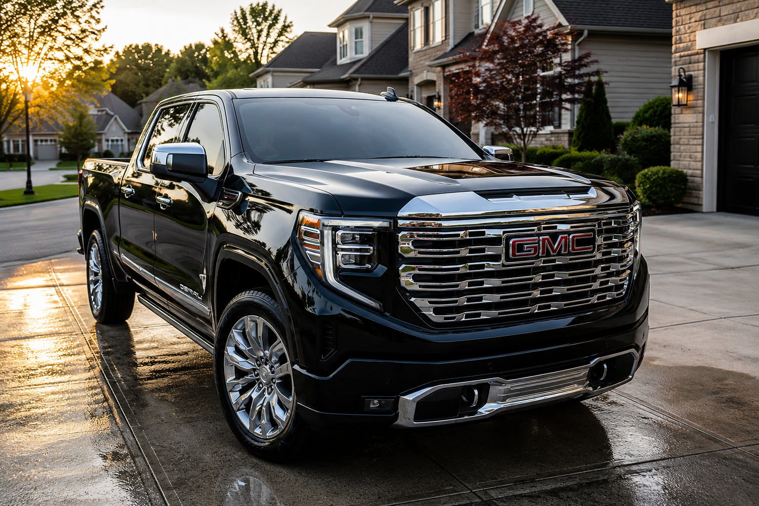 Black GMC Sierra truck with a deep mirror-gloss finish after mobile detailing